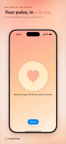 PulseCheck start screen with a Measure button and the instruction to place a finger over the rear camera and flash