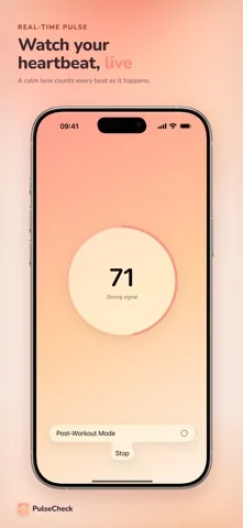 PulseCheck measuring, showing a live reading of 71 beats per minute labelled Strong signal, with a Post-Workout Mode switch
