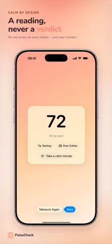 PulseCheck result screen showing 72 beats per minute, a Strong signal label, Resting and Post-Coffee tags and a Take a calm minute button